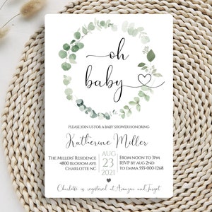 Oh Baby Shower Invitation, Printable Personalized Eucalyptus Greenery Invitation, Custom Baby Shower Invitation, Instant Download