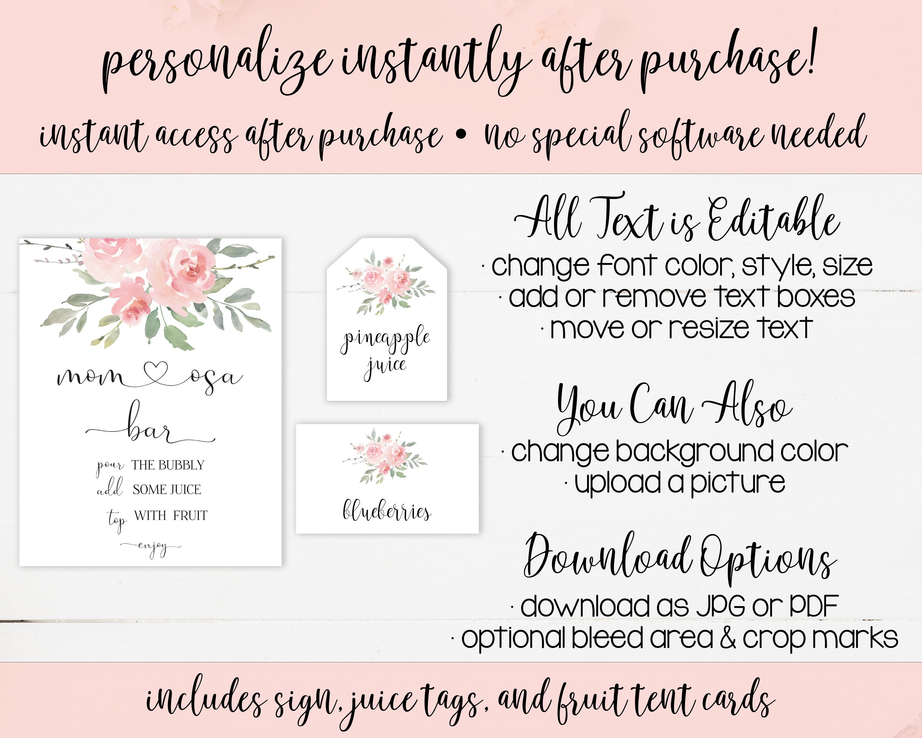 Mom-osa Bar Set Printable Pink Floral Momosa Bar Sign Juice | Etsy