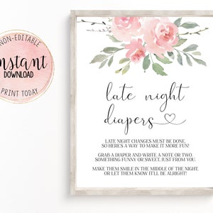 Late Night Diaper Duty Sign, Baby Shower Decoration, Diaper Duty Table Sign, Pink Floral Baby Shower Sign, Baby Girl, Instant Download