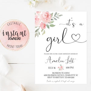 Floral Baby Shower Editable Invitation, Personalized Pink It's a Girl Invitation, Baby Girl Pink Shower Invitation, Instant Download