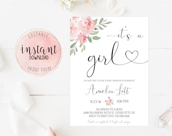 Floral Baby Shower Editable Invitation, Personalized Pink It&#39;s a Girl Invitation, Baby Girl Pink Shower Invitation, Instant Download