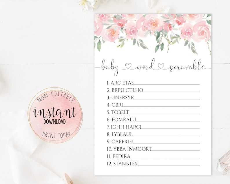 Baby Word Scramble Game Printable Pink Floral Baby Shower Etsy
