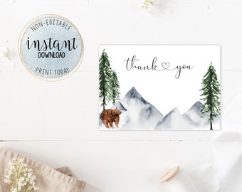 Adventure Thank You Card,  And the Adventure Begins Baby Shower, Nature, Baby Boy Shower, Mountain Blue Shower Thank You, Instant Download