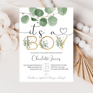 Eucalyptus It's A Boy Baby Shower Editable Invitation, Printable Baby Shower Invitation, Greenery Baby Boy Shower Invitation, Instant Edit