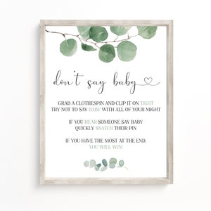 「赤ちゃんなんて言わないで」サイン、ベビーシャワーゲーム、「赤ちゃんなんて言わないで」サイン、シャワーテーブルサイン、緑のシャワーサイン、ユーカリシャワー、即時ダウンロード