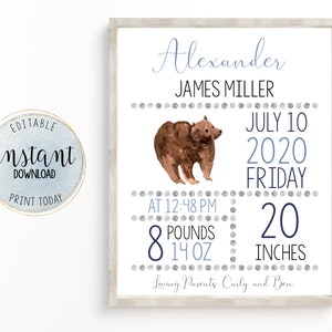 Newborn Birth Announcement Sign, Editable Newborn Information Sign with Bear, Baby Boy Stat Board, Baby Boy Nursery Decor, Instant Download