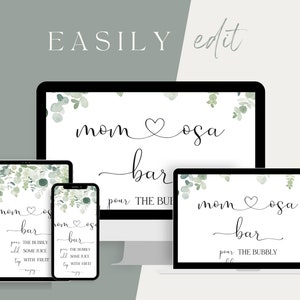 Mom-osa Bar Set, Printable Eucalyptus Momosa Bar Sign, Juice Tags Fruit Tent Cards, Baby Shower Mimosa Bar Bundle, Editable Instant Download image 4