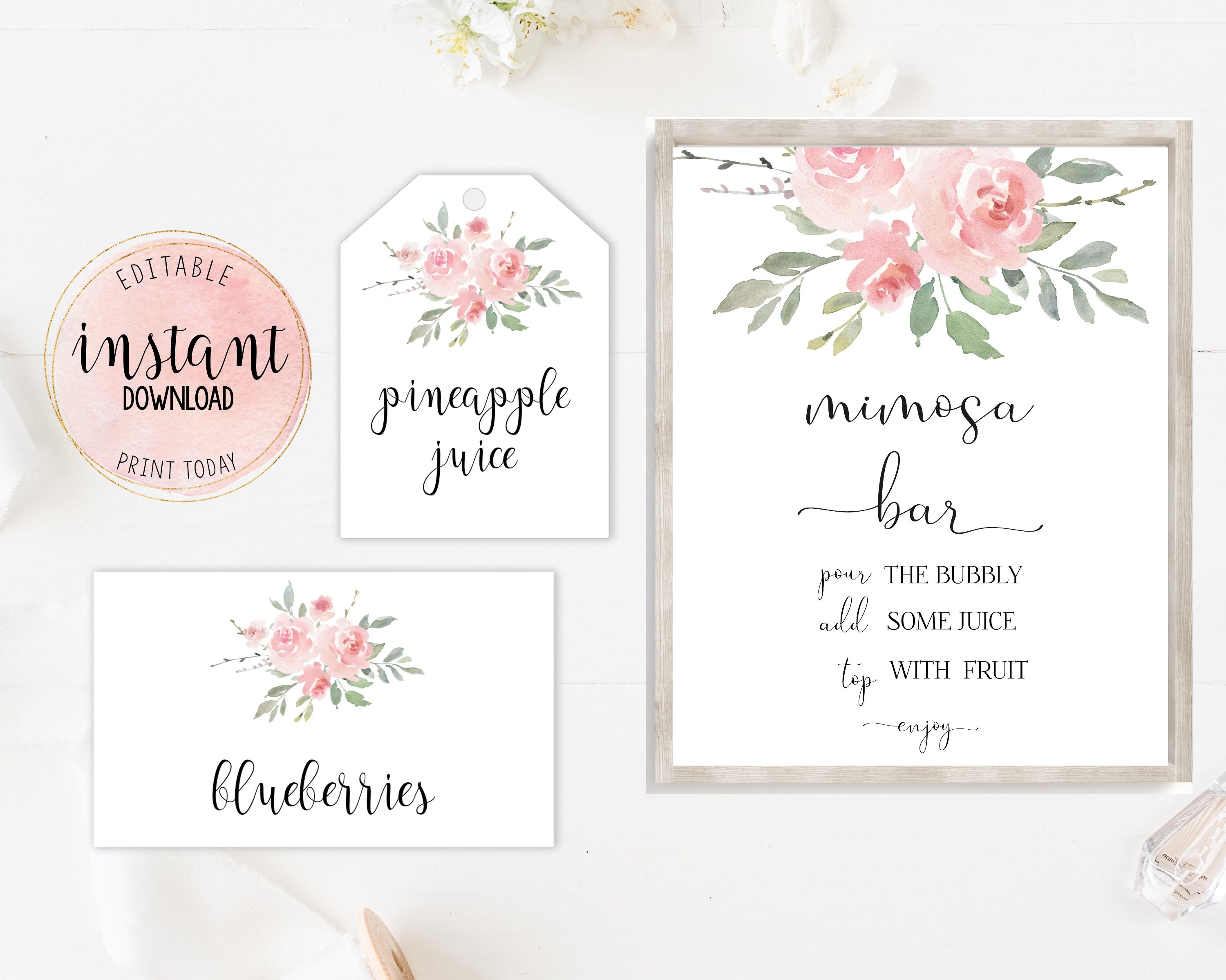 Mimosa Bar Set Printable Pink Floral Mimosa Bar Sign Juice - Etsy