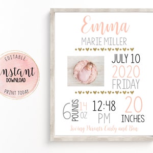 Newborn Birth Information Sign, Newborn Announcement Sign Picture, Editable Newborn Sign, Pink & Gold Floral Nursery Decor, Instant Download