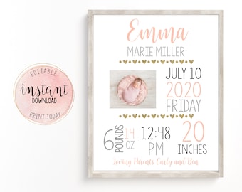 Newborn Birth Information Sign, Newborn Announcement Sign Picture, Editable Newborn Sign, Pink & Gold Floral Nursery Decor, Instant Download