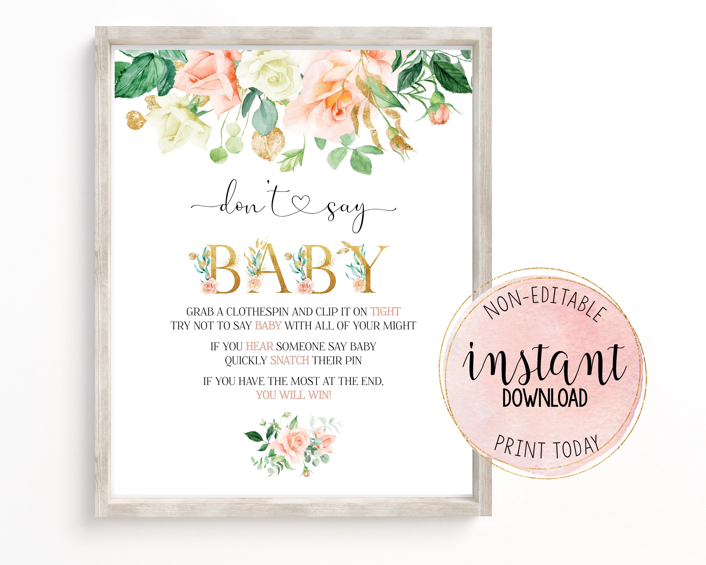 Don't Say Baby Sign, Baby Shower Game. Don't Say Baby Sign, Shower Table Sign, Baby Girl Game Sign, Pink Gold Baby Shower, Instant Download