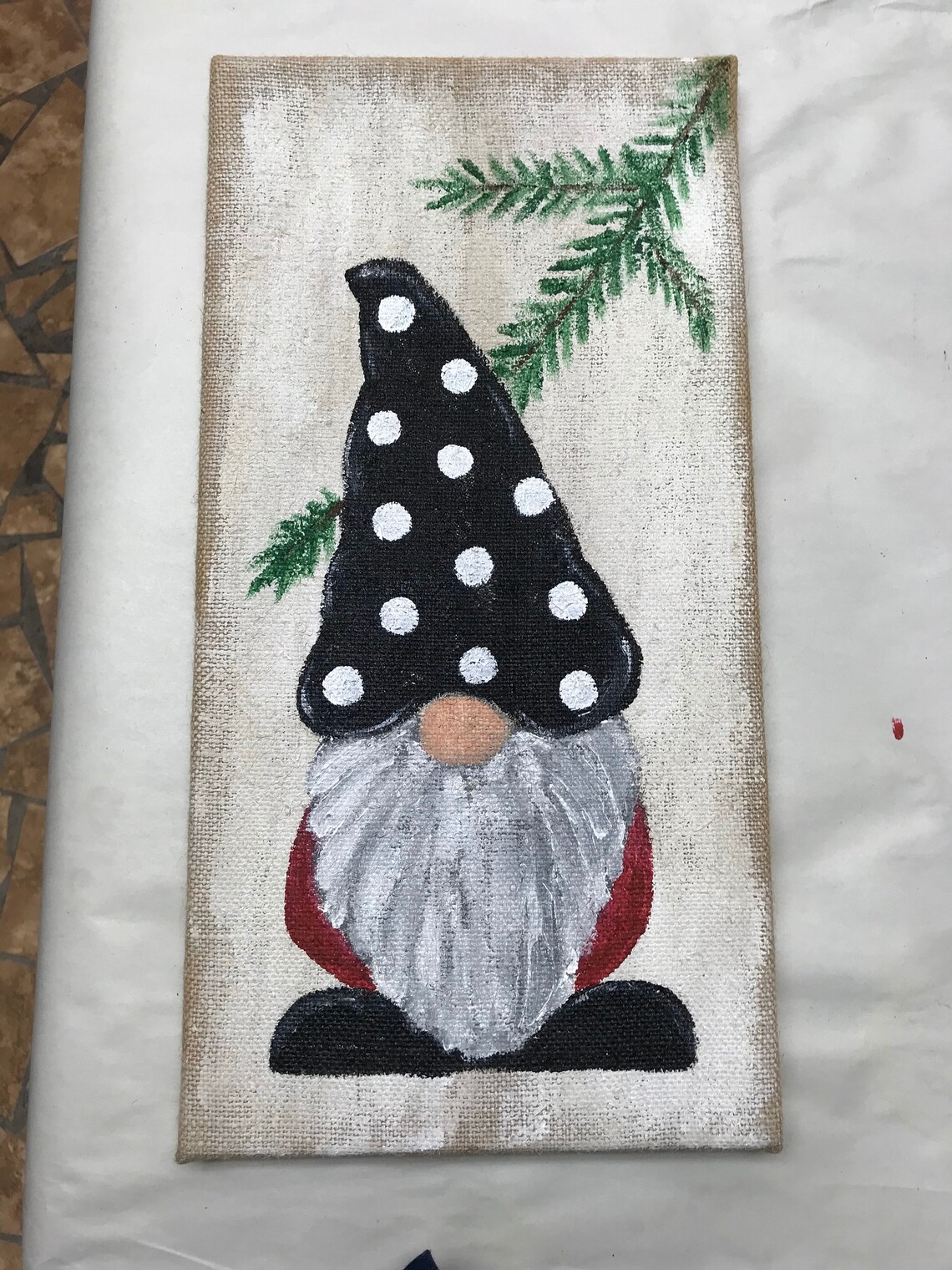 Gnome Painting on Burlap Canvas Original Acrylic Gnome Etsy