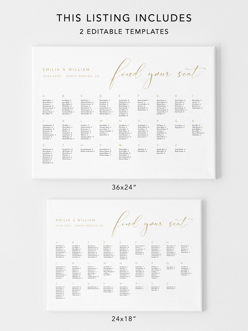 Minimalist Wedding Seating Chart Template Alphabetical Seating Chart Wedding Seating Chart Board Editable Template Seating Chart Gold Foil
