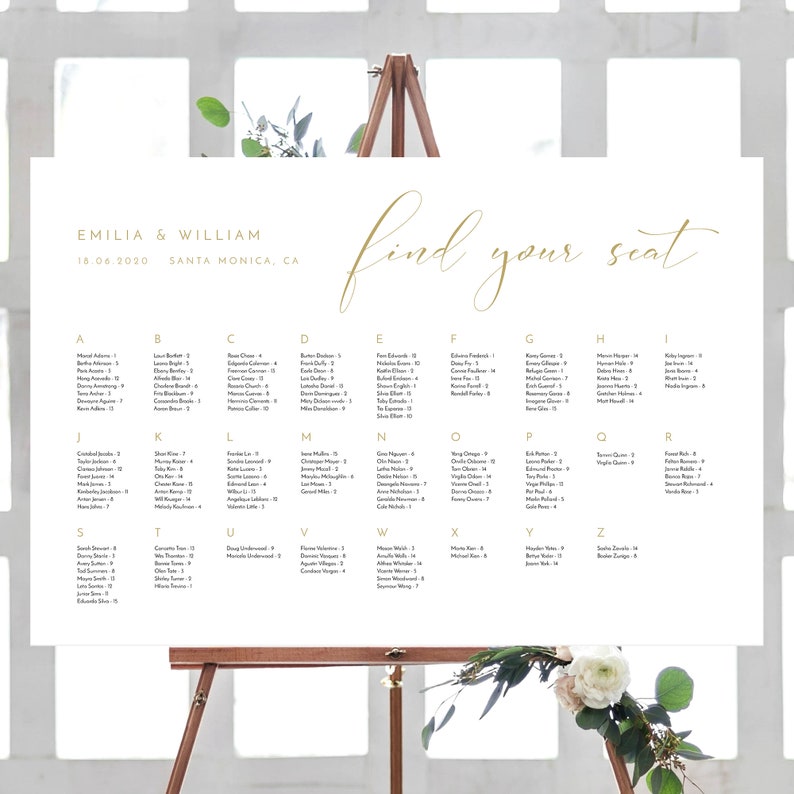 Minimalist Wedding Seating Chart Template Alphabetical Seating Chart Wedding Seating Chart Board Editable Template Seating Chart Gold Foil