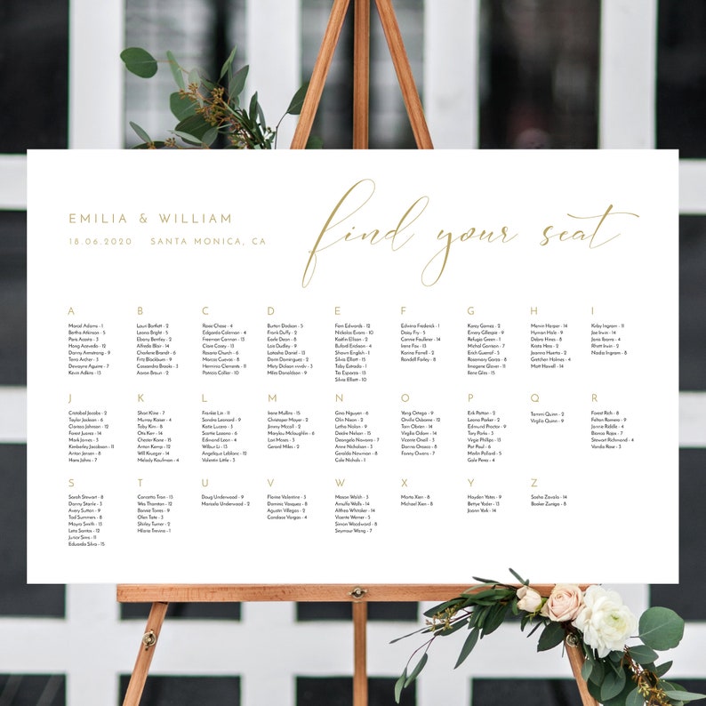 Minimalist Wedding Seating Chart Template Alphabetical Seating Chart Wedding Seating Chart Board Editable Template Seating Chart Gold Foil