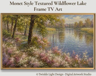 Samsung Frame TV Art, Textured Wildflower Lake Painting, Monet Style Impressionist Summer Landscape, Pink Floral Art, Digital Download