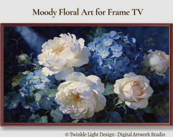 Samsung Frame TV Art, Dark Moody Floral Still Life, White Peonies Blue Hydrangeas Botanical Oil Painting, Flemish Baroque Instant Download