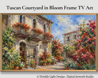 Samsung Frame TV Art, Monet Style Mediterranean Courtyard, European Village Summer Impressionist Download, Blooming Floral Summer Painting
