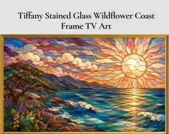 Samsung Frame TV Art, Tiffany Stained Glass Coastal Sunset With Wildflowers, Colorful Vibrant Ocean Art, 5K Instant Digital Download
