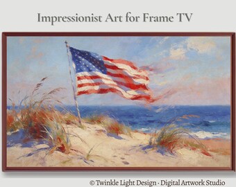 Samsung Frame TV Art American Flag Coastal Dunes, 4th of July Impressionist Beach Painting, Patriotic Smart TV Art Instant Digital Download