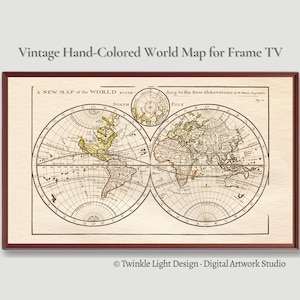 May include: A framed vintage world map with hand-coloring, featuring two circular projections of the globe. The map includes the text "A NEW MAP of the WORLD" and "NORTH" and "POLE". The frame is a dark reddish-brown color. The text "Twinkle Light Design - Digital Artwork Studio" is at the bottom.