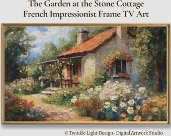 Samsung Frame TV Art, French Cottage Garden in Full Bloom, Impressionist Oil Painting, Cottagecore, Climbing Roses, Digital Download