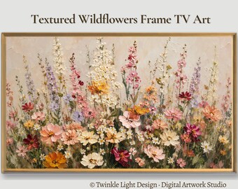 Samsung Frame TV Art, Textured Colorful Wildflower Meadow, Impressionist Abstract Floral Oil Painting, Botanical Summer Instant Download