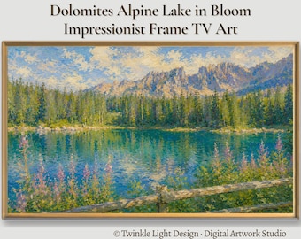 Samsung Frame TV Art, Dolomites Alpine Lake, Italian Alps Impressionist Oil Painting, Summer Wildflowers, Hi Res Instant Digital Download