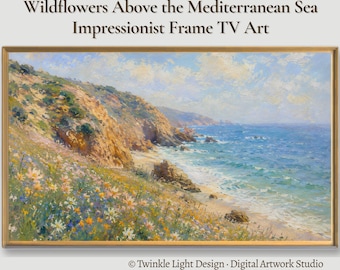 Samsung Frame TV Art, Mediterranean Coastal Cliffs with Wildflowers, Impressionist Summer Landscape, Textured Oil Painting, Digital Download