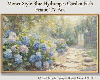 Samsung Frame TV Art, Blue Hydrangea Garden Path, Monet Style Impressionist French Cottage, Floral Nature Art, Digital Download