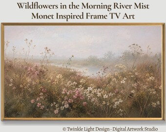 Samsung Frame TV Art, Textured Wildflowers in Morning River Mist, Monet Inspired Muted Tonal Impressionist Oil Painting, Digital Download