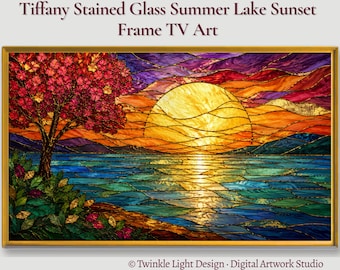Samsung Frame TV Art, Tiffany Stained Glass Summer Lake Sunset, Colorful Abstract Tree Landscape, Instant Download