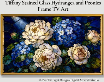 Samsung Frame TV Art, Tiffany Stained Glass White Peonies And Blue Hydrangeas, Dark Moody Cobalt Botanical Cathedral Window Download
