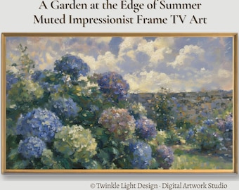 Samsung Frame TV Art, Late Summer Hydrangea Garden Landscape, Muted Tonal Impressionist Floral Painting, Digital Download