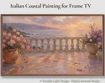 Samsung Frame TV Art, Coastal Terrace Sunset with Pink Lavender Flowers, Italian Impressionist Summer Painting Download