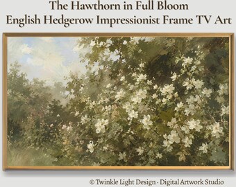 Samsung Frame TV Art, English Hawthorn Blossom Hedgerow, Textured Muted Tonal Impressionist Oil Painting, Cottagecore, Digital Download