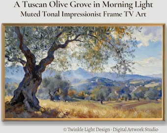 Samsung Frame TV Art, Tuscan Olive Grove in Morning Light, Muted Tonal Impressionist Landscape Painting, Italy Digital Download