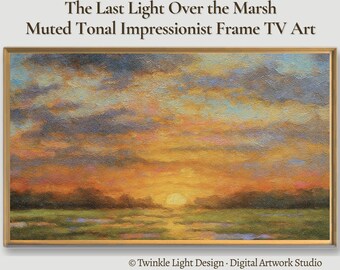 Samsung Frame TV Art, Golden Hour Marsh Sunset Landscape, Muted Tonal Impressionist Sky Painting, Moody Amber Sunset Digital Download