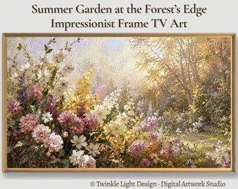 Samsung Frame TV Art, Summer Wildflower Garden with Dahlias, Textured Impressionist Oil Painting, Country Floral, Digital Download
