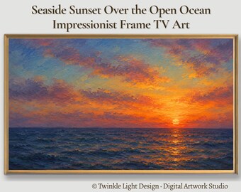 Samsung Frame TV Art, Seaside Sunset Over Open Ocean, Textured Impressionist Oil Painting, Crimson Sky at Dusk, Coastal Art Digital Download