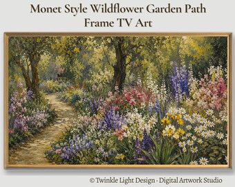 Samsung Frame TV Art, Cottage Garden Path in Full Bloom, Monet Style Impressionist Summer Garden, Delphinium Floral Art, Digital Download