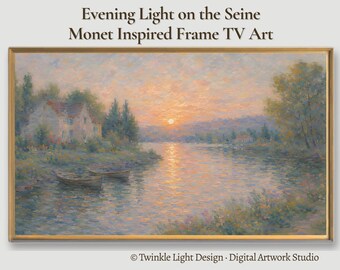 Samsung Frame TV Art, Monet Inspired Seine River Sunset, French Riverside Cottage, Muted Tonal Impressionist Landscape, Digital Download