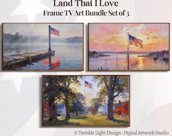 Samsung Frame TV Art 4th of July Bundle Set of 3, American Flag Impressionist Painting, Patriotic Coastal Americana, USA 250th Anniversary