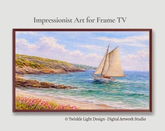 Samsung Frame TV Art New England Sailboat Coastal Painting Vintage Summer Seascape Digital Download, Nautical American Decor for 4th Of July