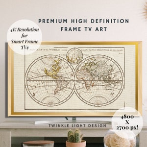 Samsung The Frame TV Art | 4K Rahmen TV Kunst Karte | Neutrale Vintage Weltkarte Kunst | Weltkarte auf Leinwand
