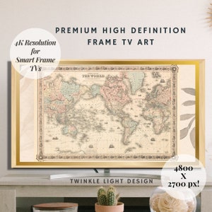Samsung The Frame TV Art | 4K Rahmen TV Kunst Karte | Neutrale Vintage Weltkarte Kunst zum digitalen Download | Coltons Weltkarte