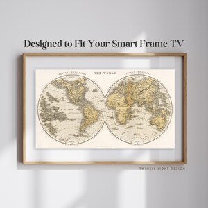 Samsung The Frame TV Art | 4K Rahmen TV Art Vintage Karte | Neutrale antike Weltkarte Kunst zum digitalen Download | Doppelte Halbkugel Weltkarte