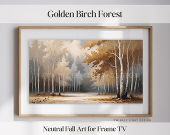 Arte para TV con marco de bosque de abedules otoñal dorado: Paisaje minimalista acogedor (descarga digital)