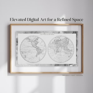 Samsung the Frame tv-kunst | 4K-lijst tv-kunst kaartkunst | Zwart-wit wereldkaart print voor digitale download | Nieuwe wereld en oude wereld