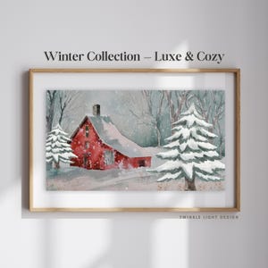 Winter Red Barn Watercolor Painting: 4K Frame TV Art (Digital Download)